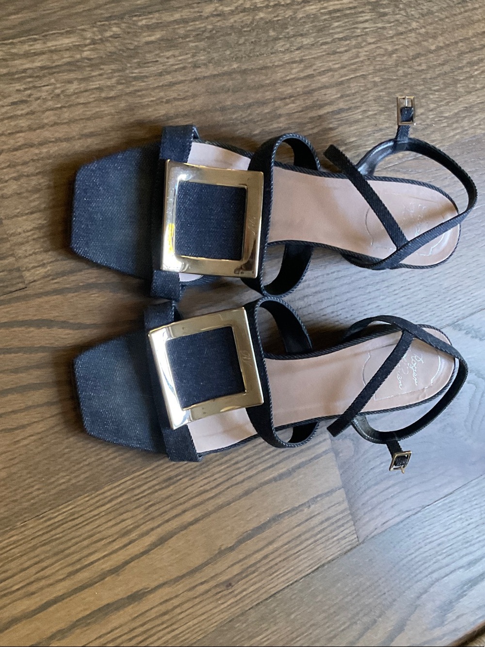 Roger Vivier Black Strappy Heels with Gold Square Buckles